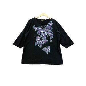 Bob Mackie Vintage Wearable Art Top Butterfly Black Knit Fairy‎ Women's Size XL